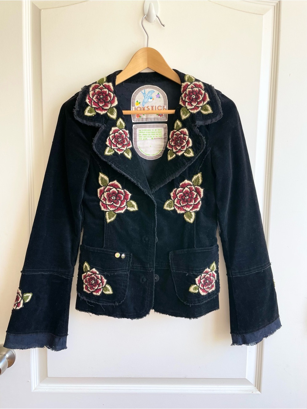Johnny Was Joystick Hand Embroidered Velvet Jacket Size S Womens Roses Raw Hem